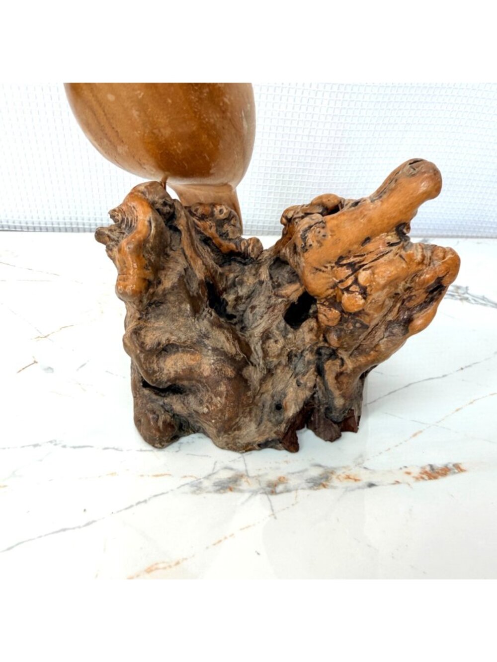 Hand-Carved Wooden Quail Figurine On Natural Burl Wood Base - Rustic Home Décor - Picture 7 of 11